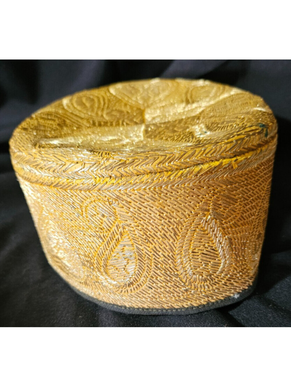 Vintage Handmade Kufi Turkish Embroidered Cap Hat Gold Hearts Prayer Praying
